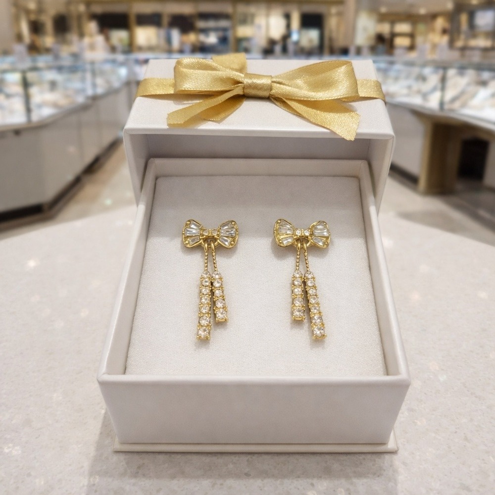 Gold Bow Crystal Drop Earrings Dangle Baguette Tassel‎ Coquette Bridal Jewelry